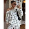 Womens Polka Dot Print Off Shoulder Long Sleeve Loose Casual Two Piece Sweatshirt Pant Set