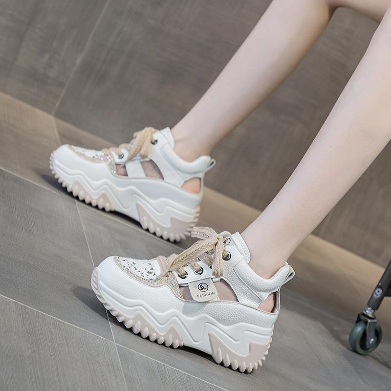 2025 new leather belt drill hollow dad shoes women's summer lightweight inner height increase casual sports shoes platform sandals