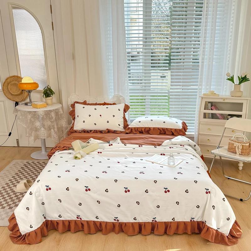 Niedliches Cartoon-Kaninchen Bettwäsche-Set Queen Rosa Tulpenblumen Sommer Dünne Steppdecke Weiche Botanische Blumensteppdecke mit 2 Kissenbezügen