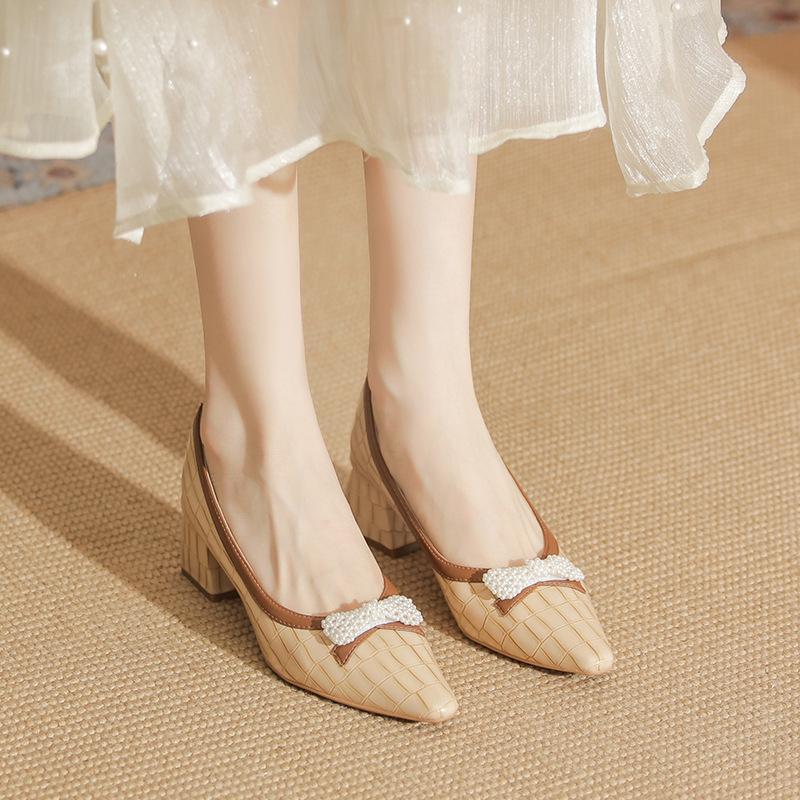 Stone pattern thick heel light mouth single shoes bow versatile women's shoes summer small square head not tired feet high heels