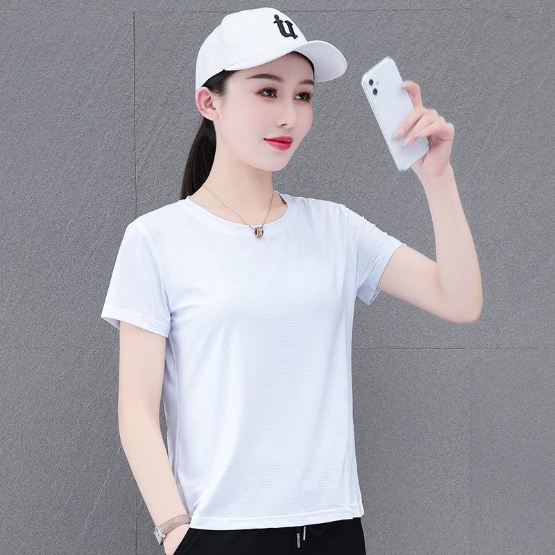 Tricou de vară cu mânecă scurtă pentru femei, mătase de gheață cu uscare rapidă, de exterior, respirabil, casual, sport, larg, subțire, cu mânecă pe jumătate