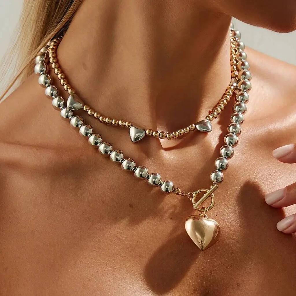 IngeSight.Z 2Pcs/Set Trendy Handmade Beaded Love Heart Pendant Choker Necklace Women Punk Clavicle OT Chain Party Jewelry Gifts