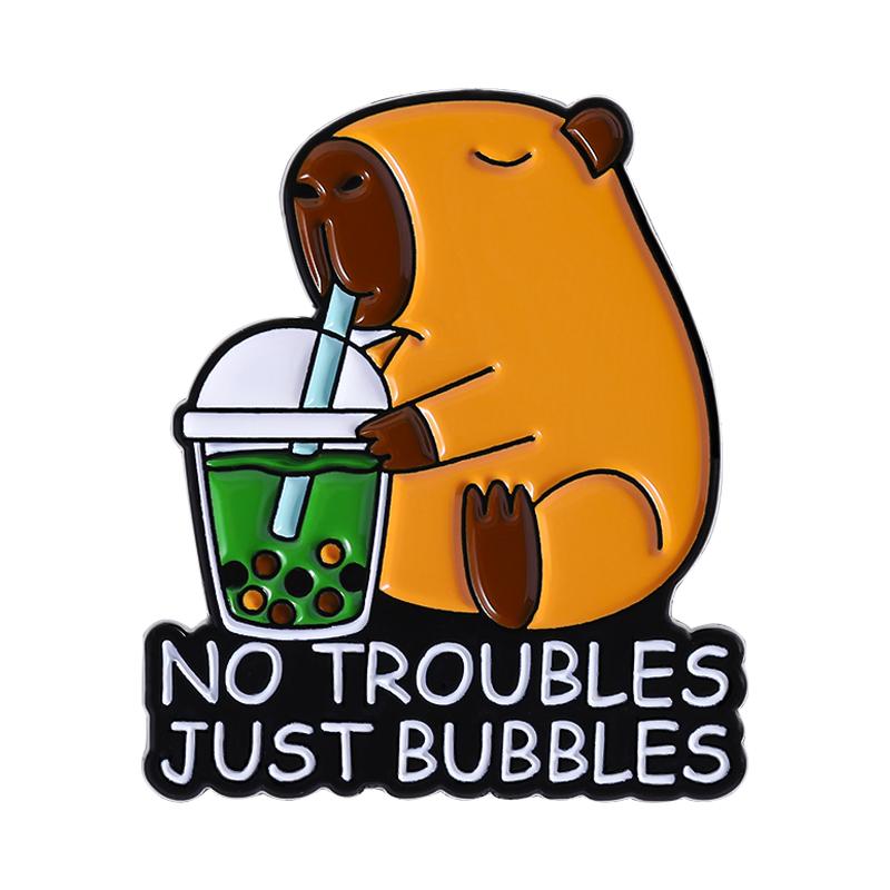 Capybara Drinking Enamel Pins Custom NO TROUBLES JUST BUBBLES Brooches Lapel Badges Clothes Animal Jewelry Gift for Kids Friends