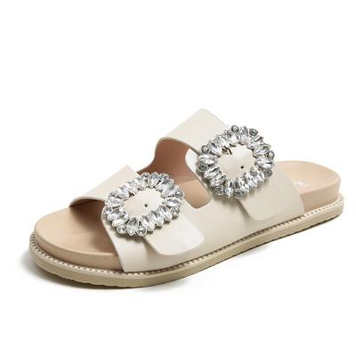 Luxury Sparkling Crystal Band Shoes Woman Buckle Belt Slippers Summer Flat Sandals Big Size 42/43 Femme Slip On Slides Pantuflas