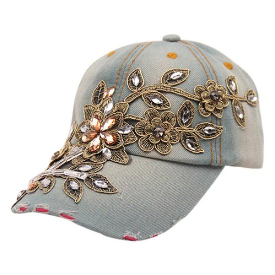 Flower Embossed Rhinestone Denim Baseball Cap Summer Fashion Women Jeans Hat
