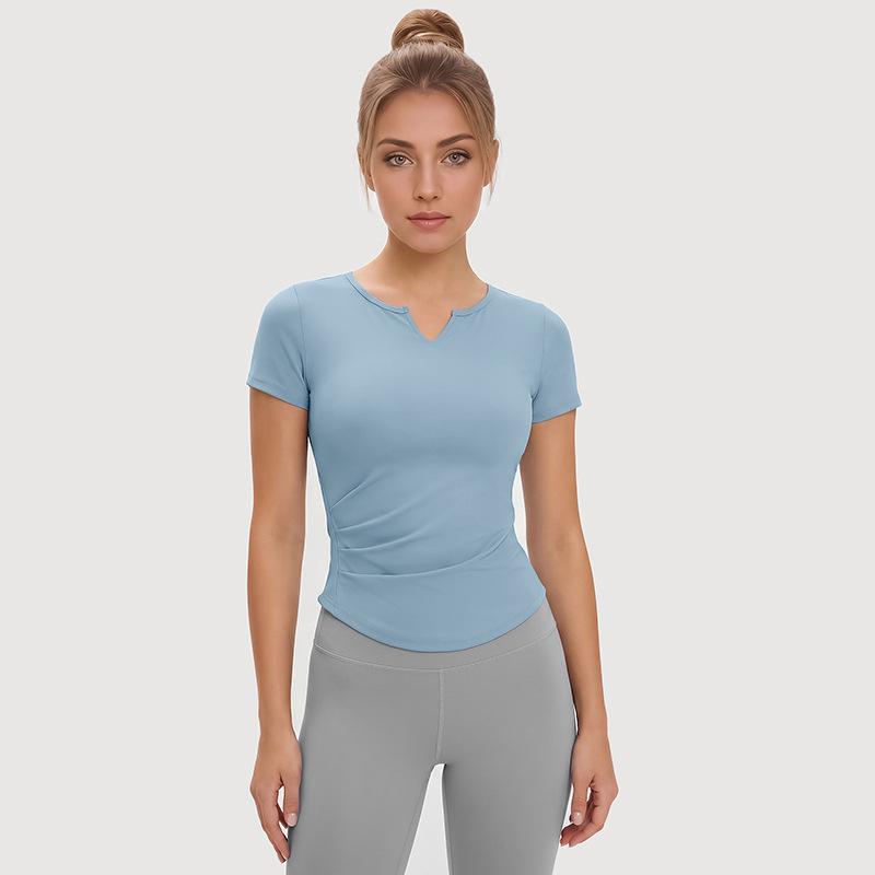 2026 Summer Women s V-Neck Quick-Dry Yoga & Running Slim-Fit Pleated Sports Tee Extra Large