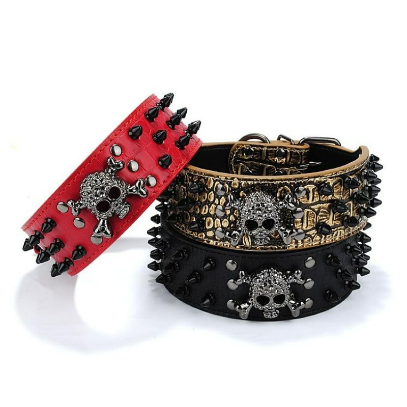 2" Wide Spiked Studded Leather Dog Collar Bullet Rivets with Cool Skull Pet Accessories for Meduim Large Dogs Pitbull Boxer XS-L