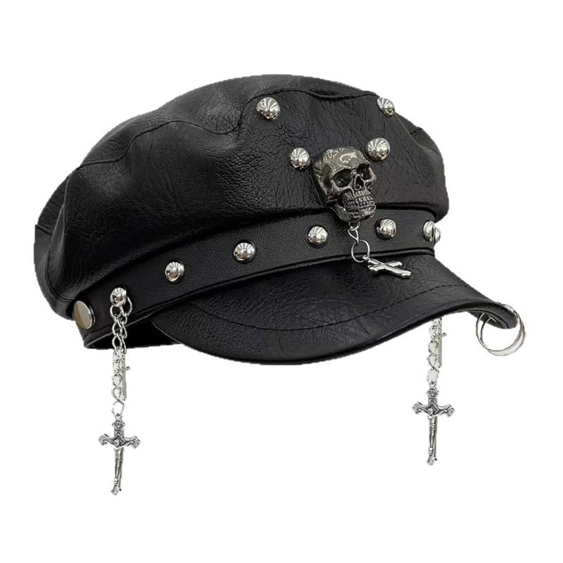 2000s Punk Rivet Studded Cricket Cap With Skull Crossed Decor Beret Hat For Women Western Theme Party Casual Outfit Accessory