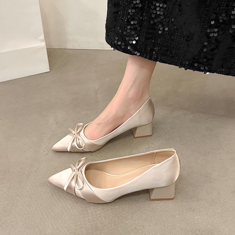 Fashion 2025 Spring New Coarse Heel Shoes Women Fashion Pointy Shallow Mouth Butterfly Knot A Slip-on Wear-resistant High Heels