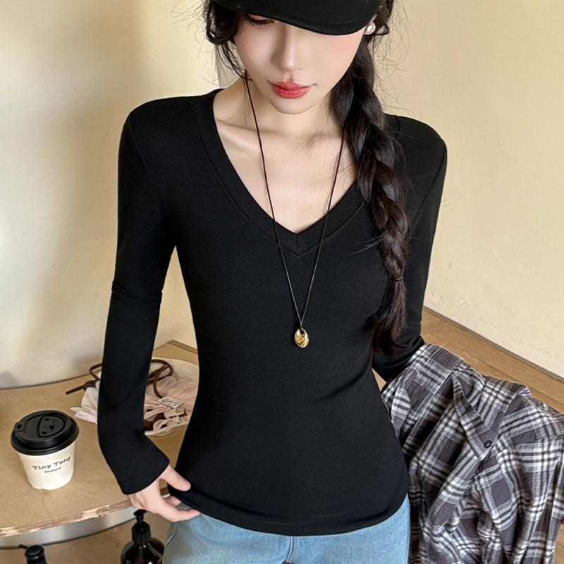 T-shirt Noir à Manches Longues et Col en V pour Femme avec Velours Intérieur, Collection Automne/Hiver 2025, Haut de Sous-vêtement Polyvalent