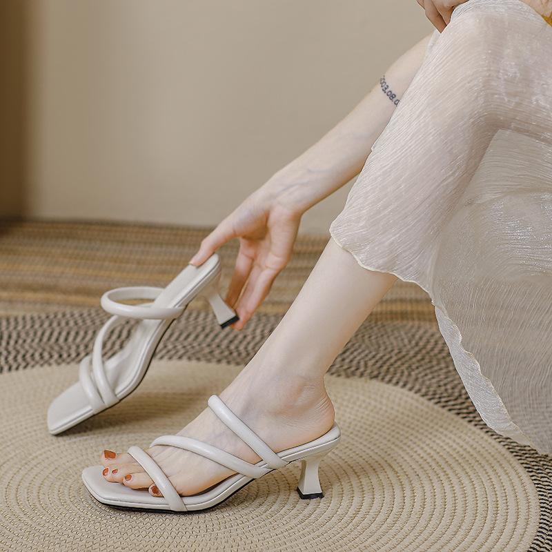 Slippers Women's Outer Wear Fashion 2025 New Summer Square Head High Heels Women's Thin Heels Fairy Wind One-word Cool Slippers