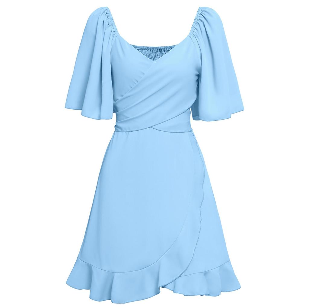 Women Spring Solid Color V-Neck Short Lotus Leaf Sleeve Short Dress Summer Casual A-Line High Waist Above Knee Dresses S-XL