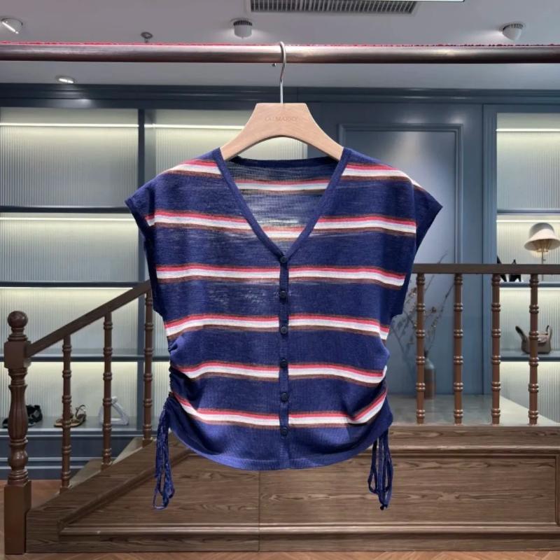 Stripe Contrasting Color V-neck Ice Silk Knitted Thin Summer Drawstring Waist Design Casual Korean Version Top for Women