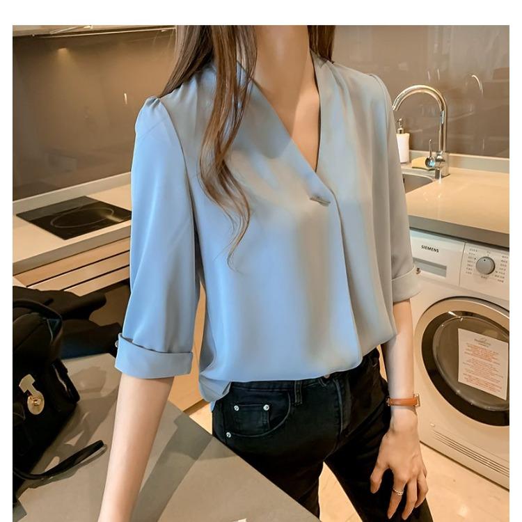 Summer Chiffon Blouse V Neck Loose Fit Korean Style Slimming Top Casual Elegant Basic Shirt