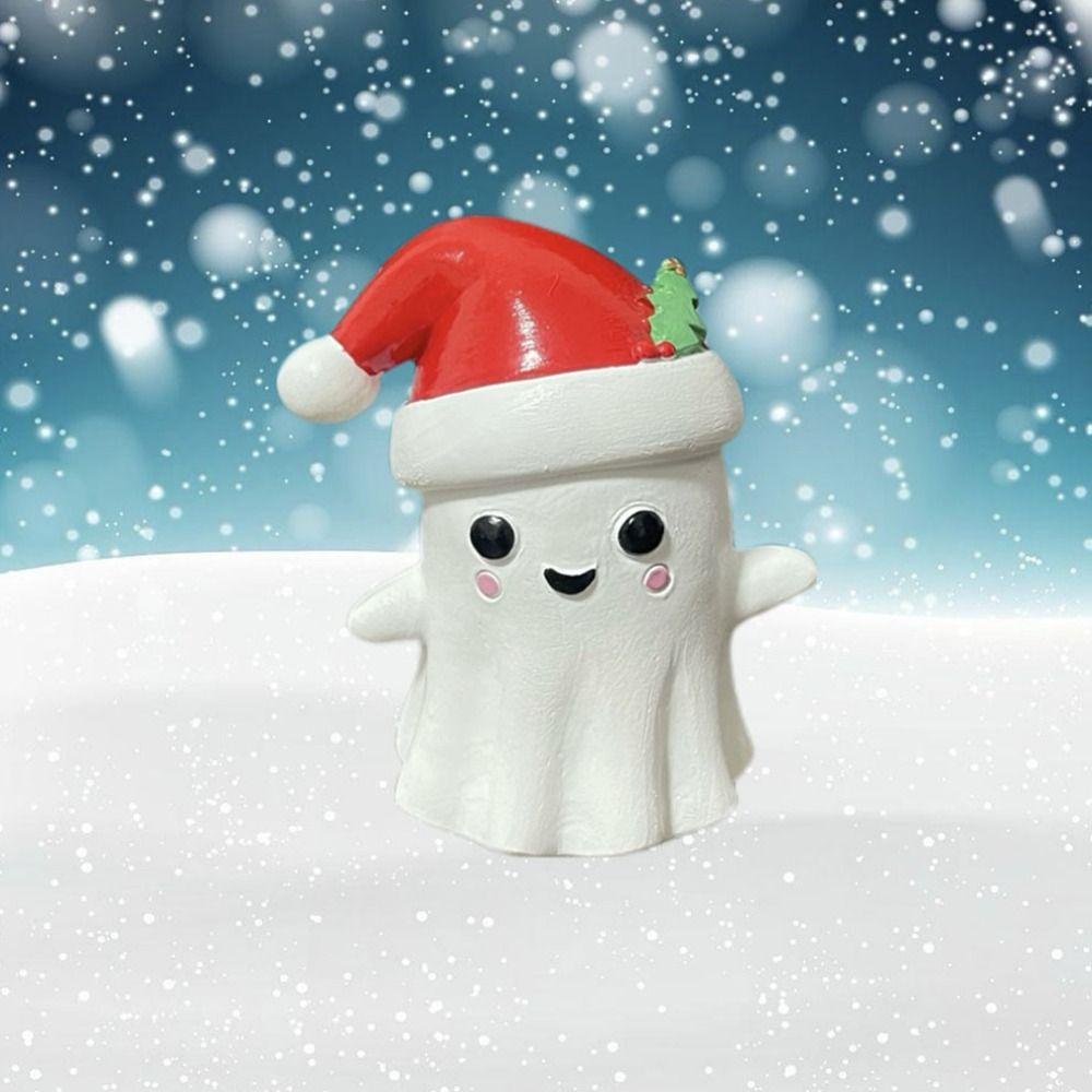 Cartoon Christmas Hat Ghost Figurine Mini Ghost Car Ornament Christmas Ghost Resin Ornament  Desk