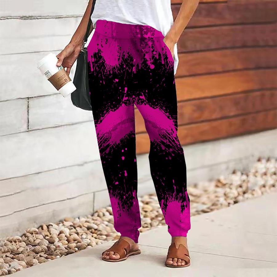 Women Multicolored Printing Pants Lace Up Elastic Waist Loose  Trousers Casual Long Pants Trousers with Pockets