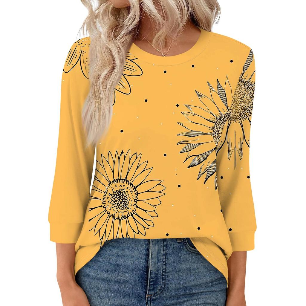 Women's Fashion Casual Round Neck 3/4 Sleeve Loose  Printed T-Shirt Ladies Top