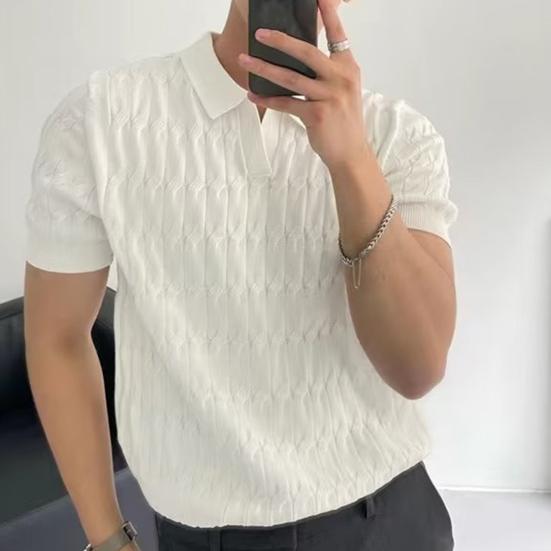Summer Men Lapel V-neck Knitting Tops Short Sleeve Solid Color Loose Fit