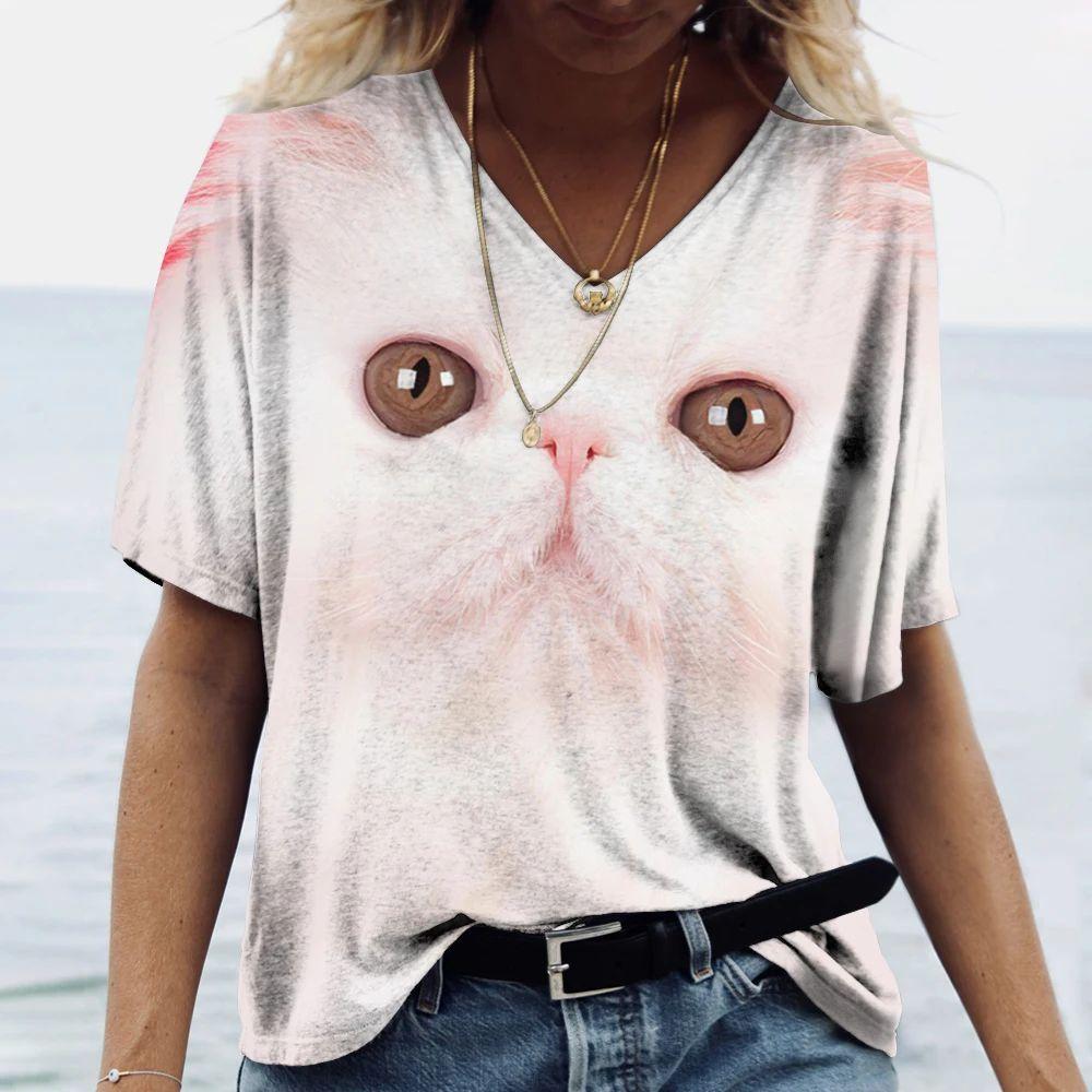 Summer V-neck 3D Cute Animal Cat Printed Top Fashionable Casual Short Sleeved Women's T-shirts