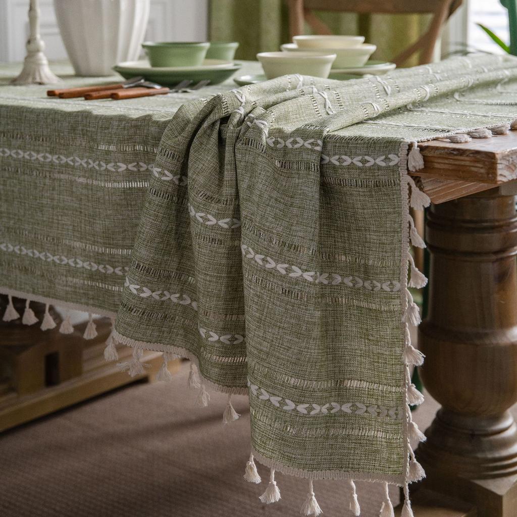 Cotton Linen Stripe Tassel Tablecloth Stain Resistant Dust-Proof Table Cover For Kitchen Dinning Tabletop Decoration Rectangular