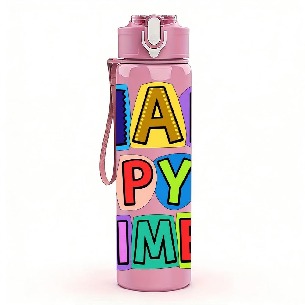 1PC Happy Py Times Letter Art 750ml Color Plastic Sports Water Bottle Leakproof Flip Straw Lid Suitable for Sports Office Home Use