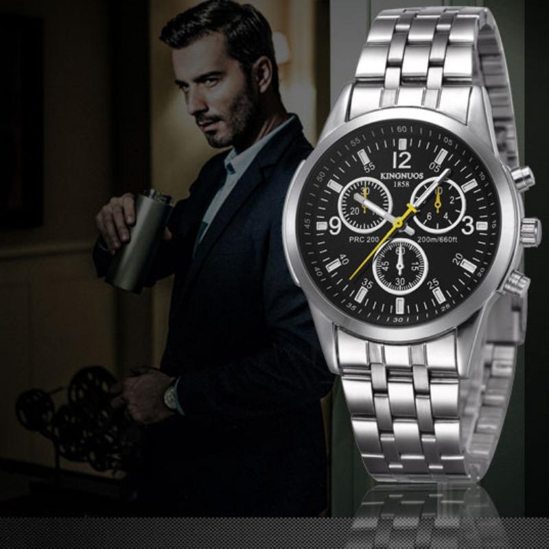 KINGNUOS Ultra Slim 3-Augen-6-Zeiger-Stahlarmband, wasserdichte Stahlarmbanduhr, blaue Glasuhr