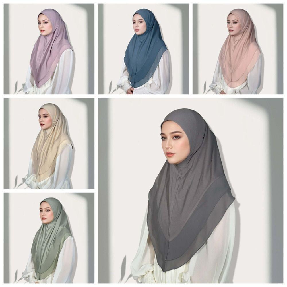 Non-Transparent Double Layer Chiffon Hijab Elegant Drape Solid Color Instant Chin Cover Scarf Pinless Design Wrinkle-Resistant