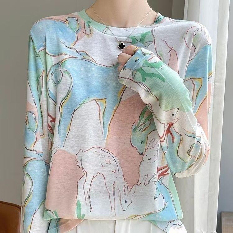 Women's Summer Knitwear Thin Print Pullover Knit Top Long Sleeve Sweater