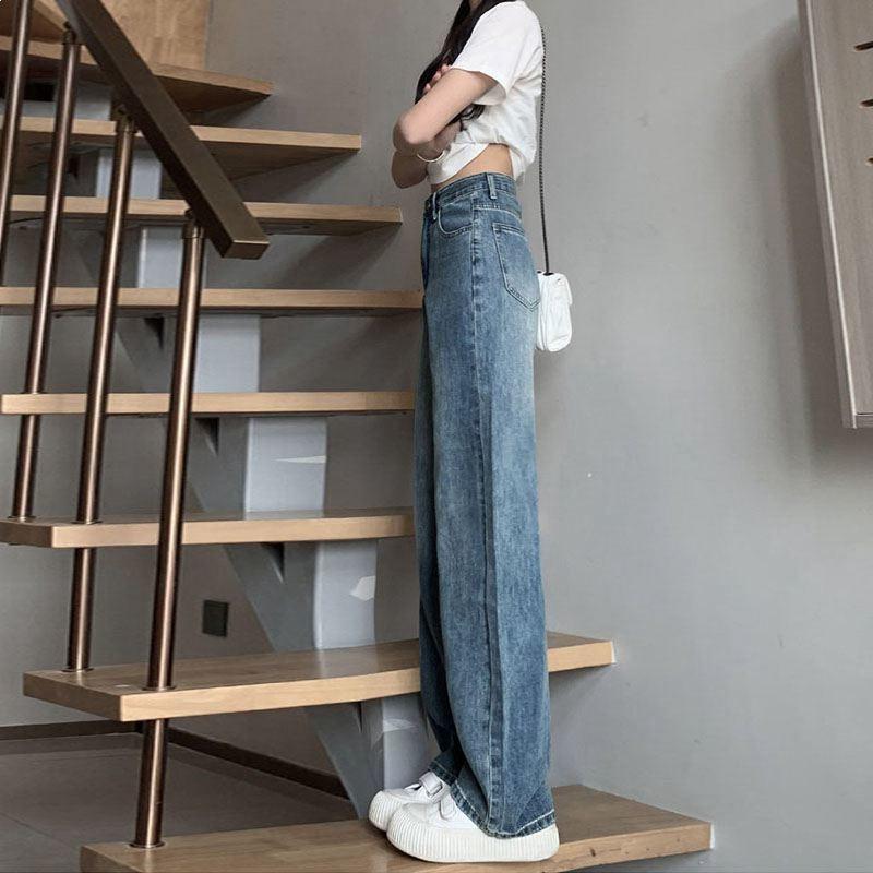 Retro High-Waisted Women's Jeans - Spring/Autumn 2026 Straight Loose Floor-Length Wide-Leg