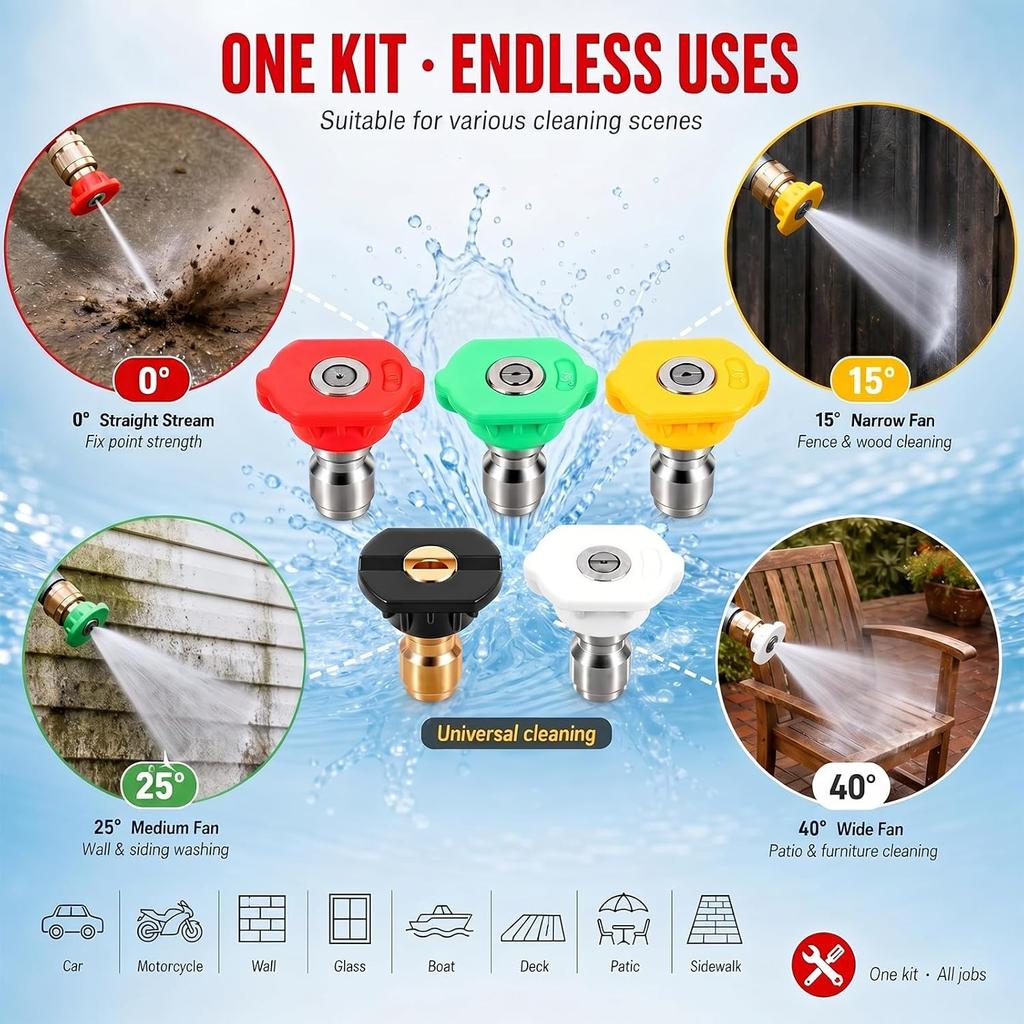 6 Pcs Pressure Washer Spray Nozzle Tips with Adapter for K2-K7, 1/4 Inch Quick Release Multi-Degree Connection Washers Nozzles Set for Car, Garden