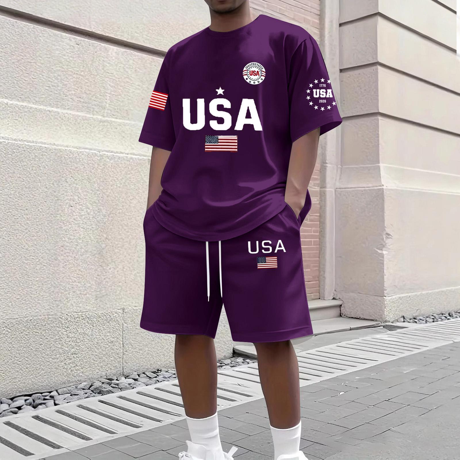 

Men s Casual Short Sleeve T-Shirt and Shorts Set Round Neck Top with Flag Print Lightweight Summer Outfit for Outdoor Activities M