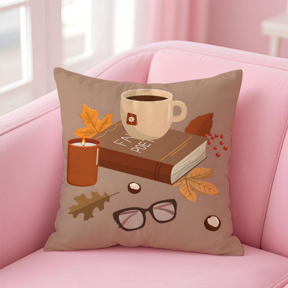 Cute Coffees Style Printed Patterns Cushion Cover Pillowcase Short Plush Invisible Zipper Room Sofa Cushion Cover