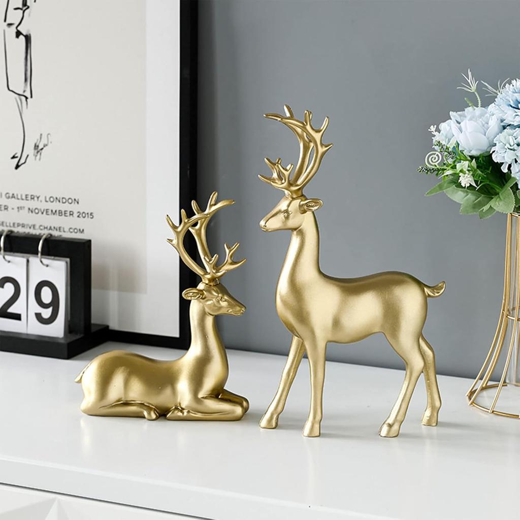 2Pcs Christmas Reindeer Figurines Decorations Resin Sitting & Standing Deer Statues Elk Figurine for Home Table Decor Wine Cabinet (Gold)