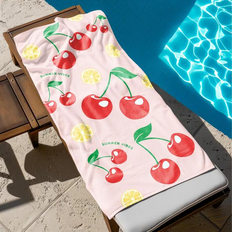 Summer Cherry Lemon Print Beach Towel Quick Dry Sand-Free Absorbent Lightweight Beach Blanket for Beach Vacation