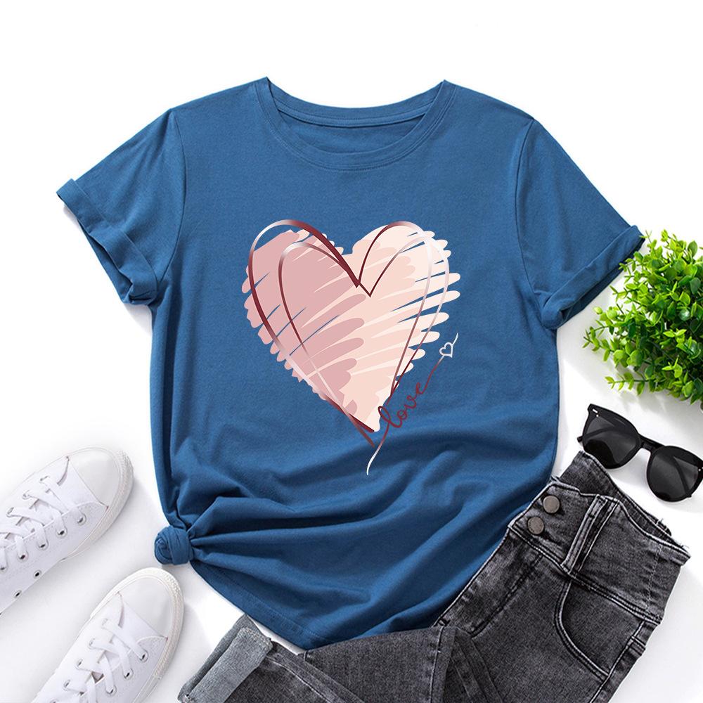 Módní bavlněné tričko s potiskem srdce, krátký rukáv, kulatý výstřih, dámské topy s 2D potiskem