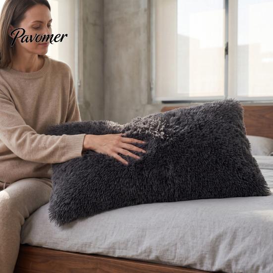 Bed Pillow Case Shaggy Faux Fur Pillowcase, Fluffy Plush Cover, Fuzzy Skin Friendly Sham Solid Color for Autumn Winter Covers
