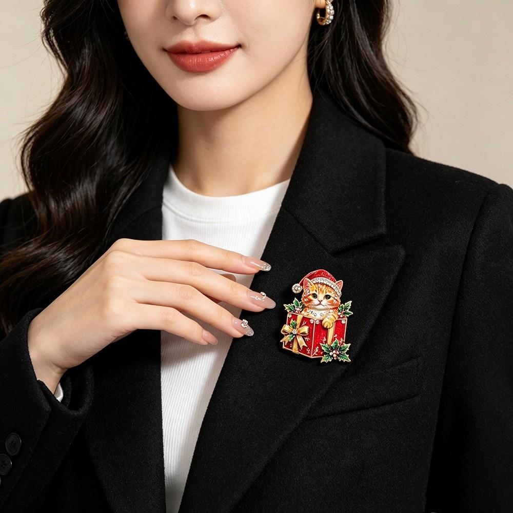 Alloy Cat Brooch Pin Enamel Finish Holiday Brooch New Christmas Cat Brooch New Year Party