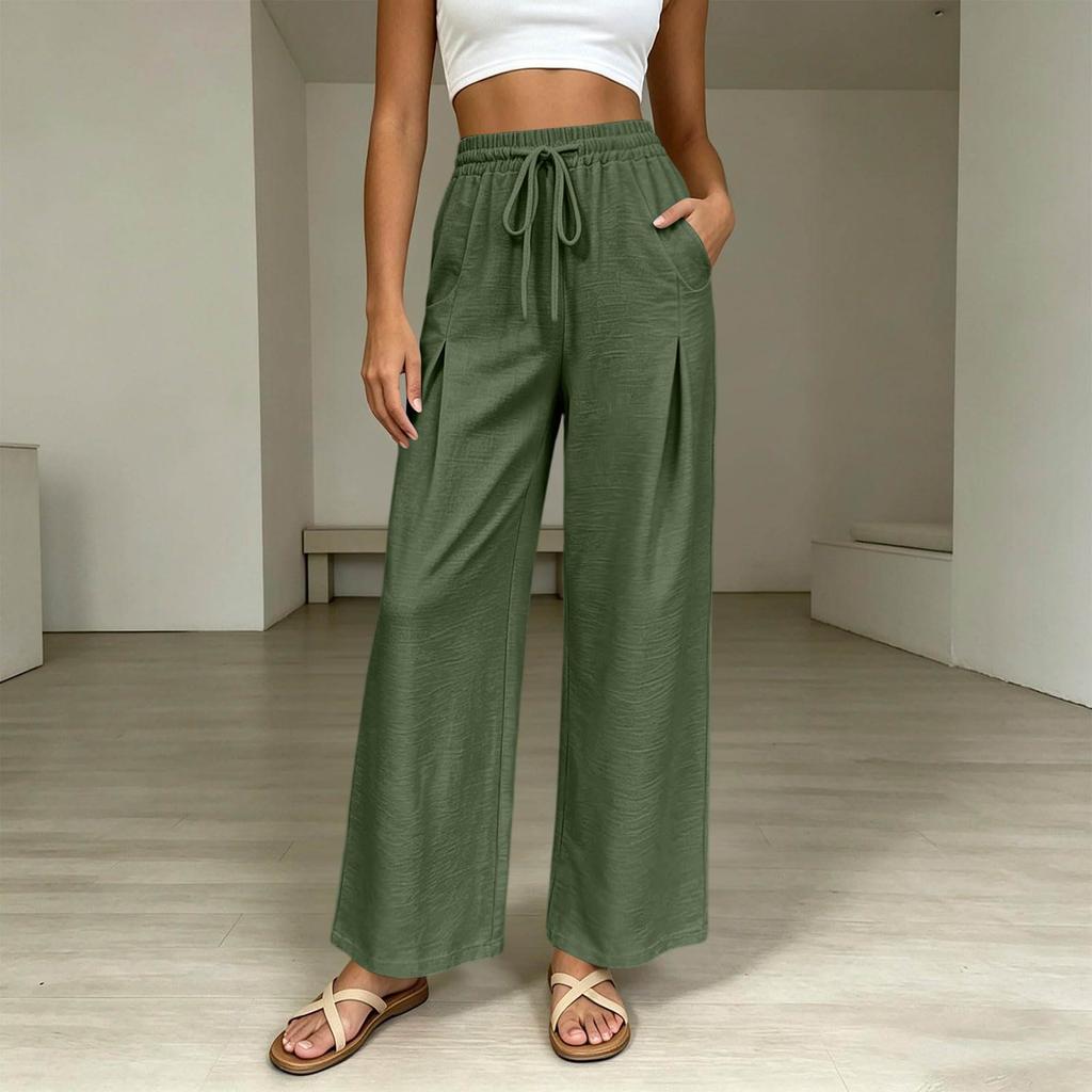 Women High Waist Wide Leg Pants Summer Casual Loose Fit Trousers with Pockets Elastic Waist Drawstring Outdoor Lightweight