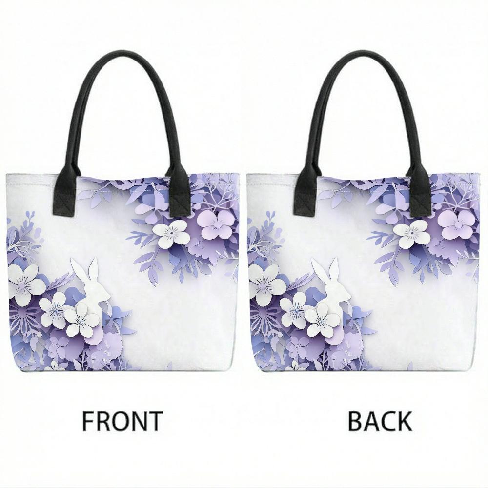 Purple Floral Rabbit Canvas Tote Bag Fashion Large Capacity Casual Handbag for Women