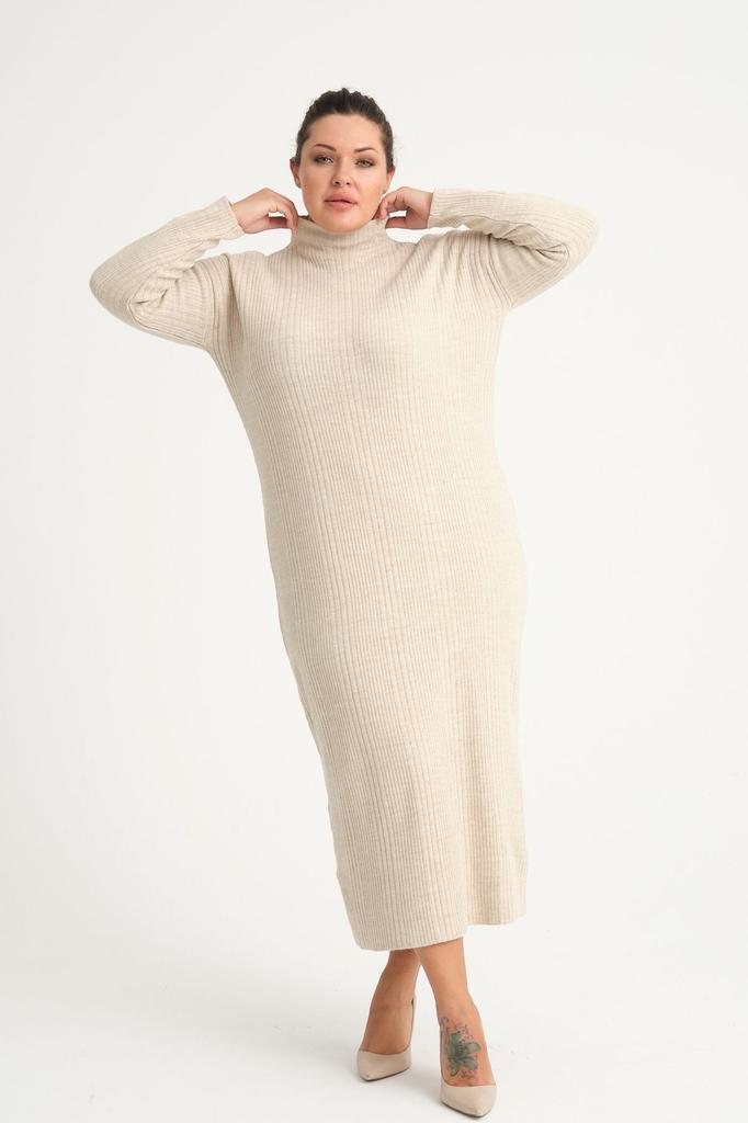 Damen Big Size Kleid Grün Halb Rollkragen Strickkleid Plus Size