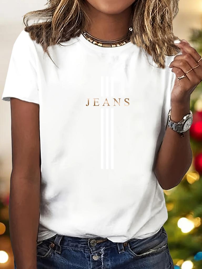 European Size Gradient Art Letter Printed Pattern - Elegant And Fashionable - Women'S Round Neck Pullover T-Shirt, Casual Sports Short
