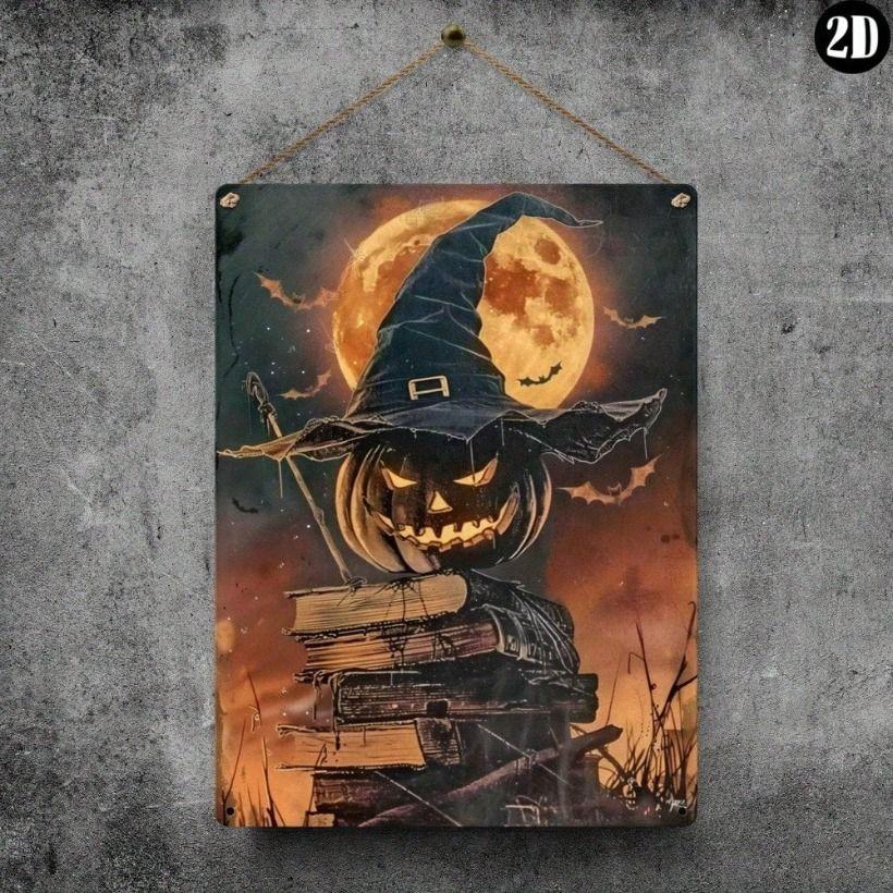 Retro Halloween Witch Hat Candles Metal Poster Wall Decor 30x20cm