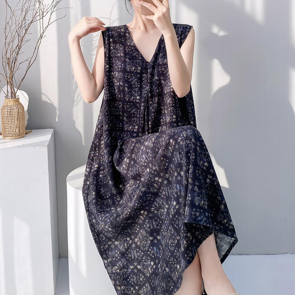 Retro style floral nightdress with chest pad women's summer thin anti-bumping loose large size can be worn outside loungewear skirt
