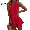 Ruffle Mini Skirt Dress Summer for Women, Sleeveless V Neck Cotton Sundress Beach Vacation Linen Short Dress, Boho Casual A-Line Women