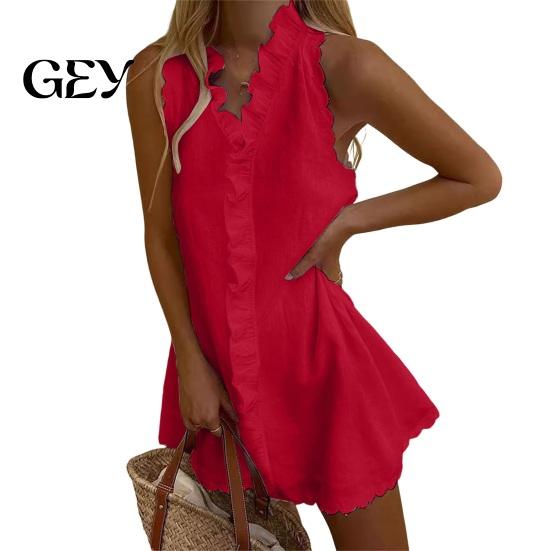 Ruffle Mini Skirt Dress Summer for Women, Sleeveless V Neck Cotton Sundress Beach Vacation Linen Short Dress, Boho Casual A-Line Women