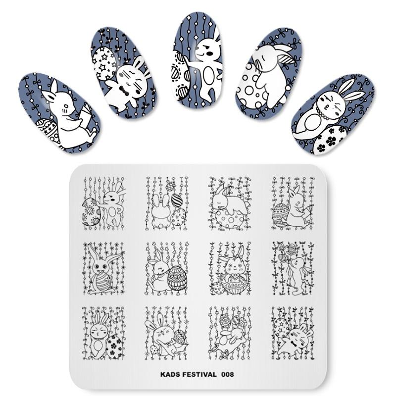 kads Festival 008 Lovely Easter Nail Stampling Template Razítko s králíkem a vejci