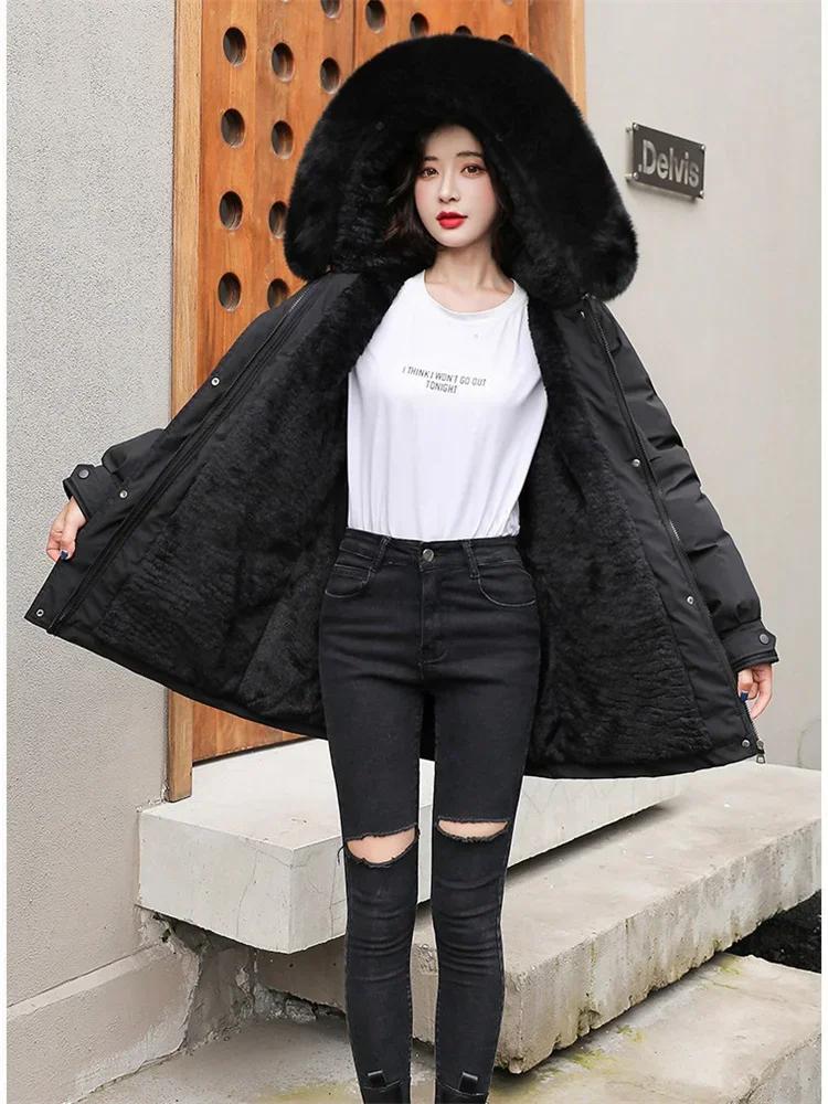 Autumn Winter Coat Women Beige Add Wool Thick Warmth Fur Hooded Parkas Jacket 2026 New Fashion Belt Slim Cotton Coat