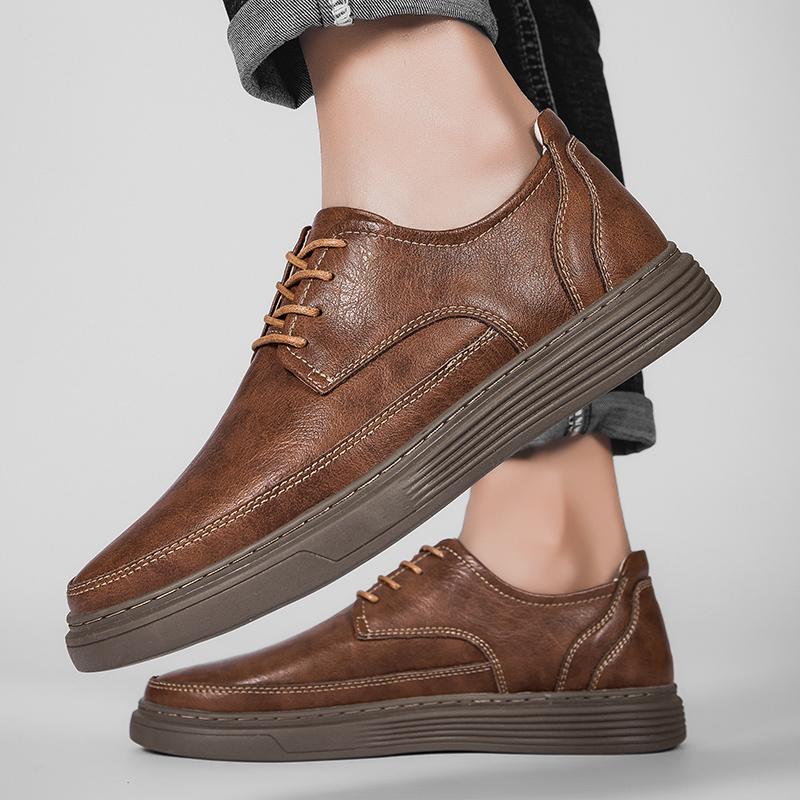 Fashion 2025 Big Size Leather Lace-up Casual Shoes for Men Air Cushion Platform Shoes with Perforated Design Comfortable Walking Shoes