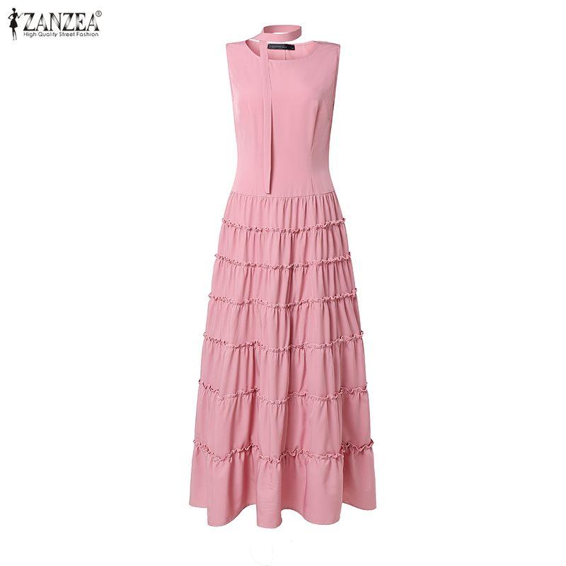 ZANZEA Damen Freizeit Rundhals Sommer Ärmellos Elegant Langes Kleid