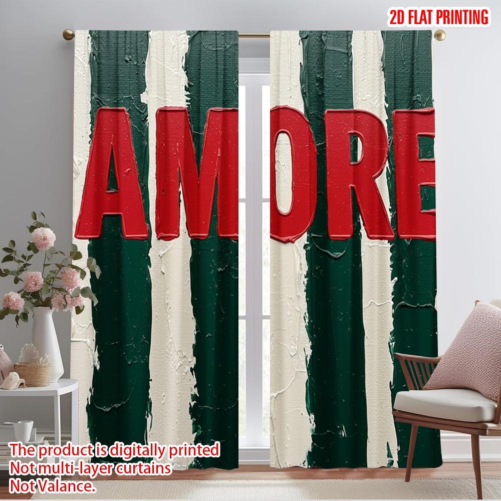 

2pcs 2D flat printing Scene Curtains AMORE GREEN WHITE 100% Polyester Without Electricity Birthday Party for Bedroom Office 52.50×116.00 CM 2pcs